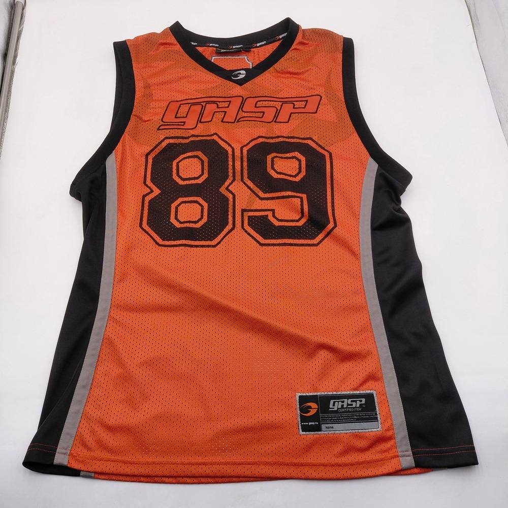 GASP 89 Mesh Jersey Tank Top Mens Medium Orange Black Bodybuilding Gym Shirt